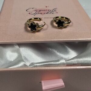 Gold Plated Stainless Steel  Black Stone Star Huggie Hoop Earrings